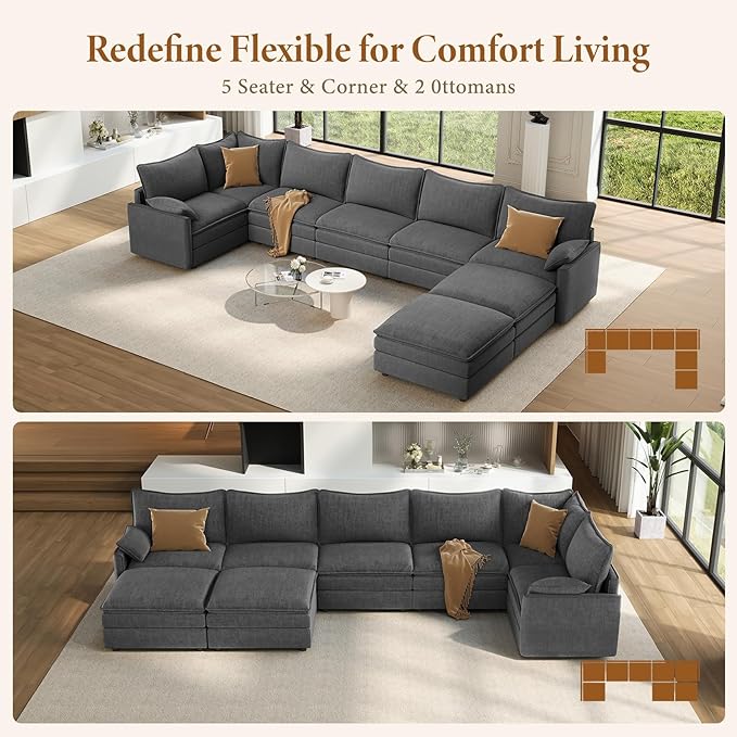 Vesgantti Large Modular Sectional Sofa, Big Comfy Cloud Couch with Ottoman Deep Seat Chenille Cloud Sofa, 8 Seater Large Sectional Couches for Living Room, Bedroom and Apartment, Gray