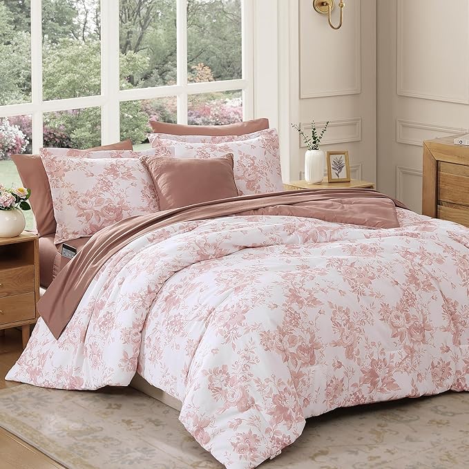 Full Comforter Set -7 Pieces Pink Floral Comforter Set for All Seasons, Bed in a Bag Full with Botanical Flowers Comforter, Sheets, Pillowcases & Shams