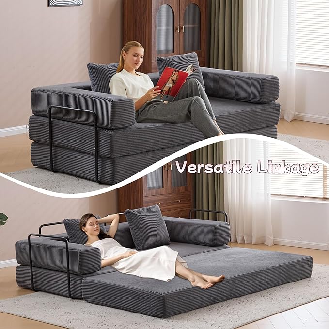 Convertible Sofa Bed, Compression Futon Sofa with Pillows & Armrest, Foldable Mattress Couch with Fixed-Shape Frame, Comfy Couch Lounge Sleeper Bed for Living Room Bedroom, Dark Gray