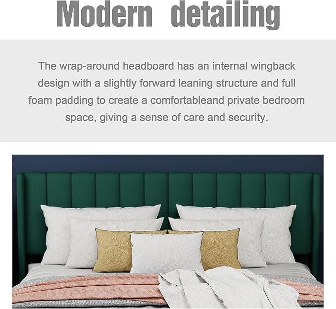 Upholstered Platform Queen Size Bed Frame with Headboard Wooden Slats Support No Noise Easy Assembly Green Velvet