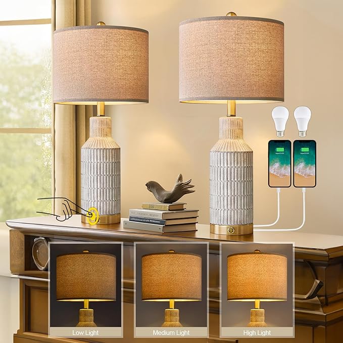 25" Modern 3-Way Dimmable Touch Control with USB A+C Ceramic Lamps Set of 2 Table Lamp for Living Room Bedroom Farmhouse Nightstand Bedside Lamps (White-Washed)