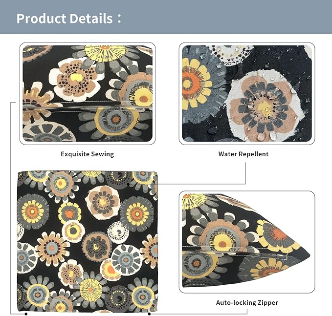 Outdoor Pillow Covers for Patio Furniture 20x20 Inch, Decorative Patio Throw Pillow Covers Set of 2, Modern Square Cushion Cases for Porch Garden Home Office,Black Yellow Crosby