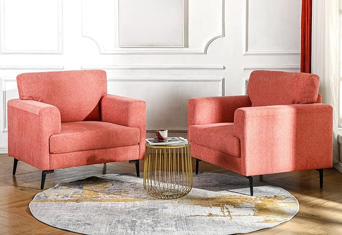CDCASA Accent Chair, Linen Fabric Oversized Mid Century Modern Chair Set of 2, Comfy Upholstered Armchair Reading Accent Chairs Sofa Chairs for Bedroom Living Room, Coral Pink