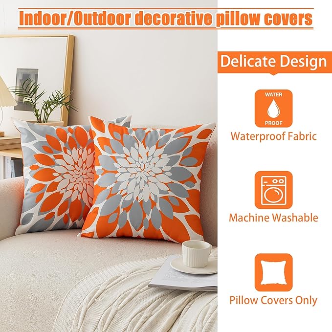 Qahing Pack of 4 Fall Outdoor Waterproof Pillow Covers 18x18 Decorative Outdoor Throw Pillows Garden Square Cushion Cases for Patio Furniture, Couch, Tent Sunbrella, Bench, Orange Grey