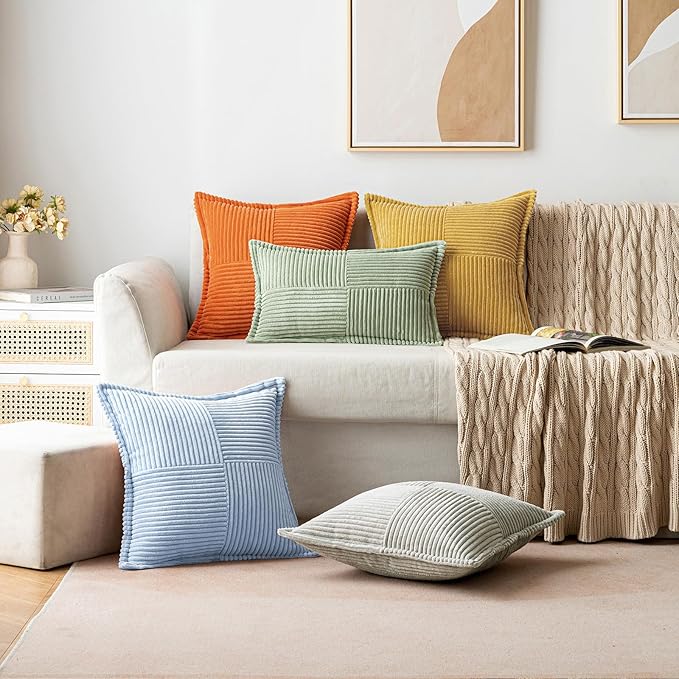 MIULEE Decorative Throw Pillow Covers for Couch Bed Livingroom 20x20 Inch Set of 2 Baby Blue Boho Accent Throw Pllows Broadside Striped Patchwork Soft Corduroy Pillowcases