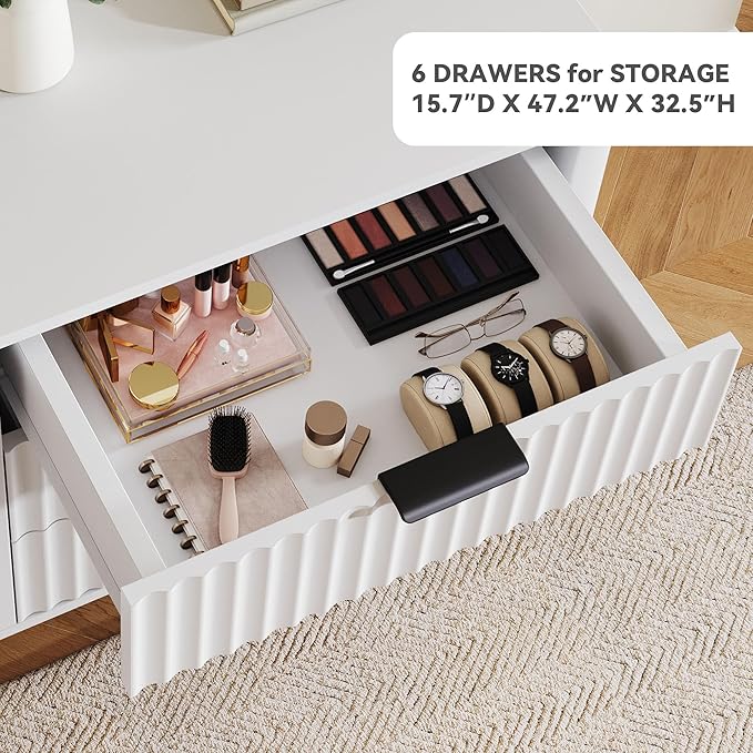 DWVO 6 Drawer Dresser with Waveform Fluted Panel, Wider Modern Closet Dressers Chest of Drawers, Wood Storage Dresser Organizer for Dorms, Flats, Hallways, White