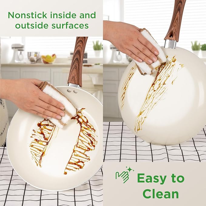 23 Pcs Pots and Pans Set Nonstick, Kitchen Cookware Sets, with Frying Pan, Saucepan, Saute Pan, Lightweight Cooking Set with Stay-Cool Wood Print Handles, NO PFAS and PFOA, Dark Wood