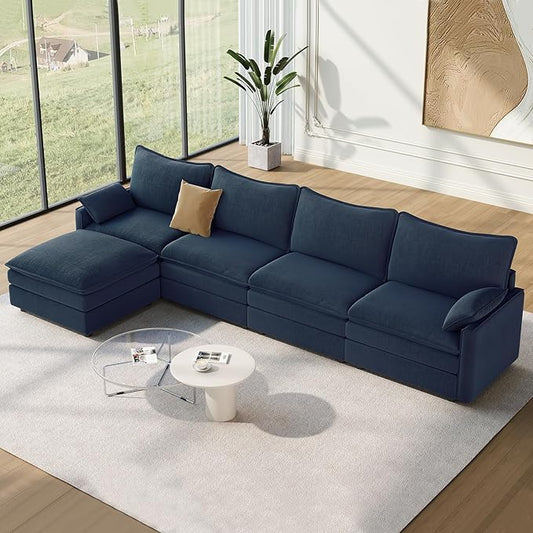 Vesgantti 142" Cloud Couch Sectional Modular Sofa, Comfy Sectional Couch with Ottoman Deep Seat Chenille L Shaped Sofa, Modular Couches for Living Room, Bedroom and Apartment, Blue