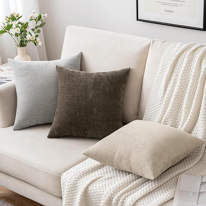 MIULEE Pack of 2 Beige Decorative Pillow Covers 20X20 Inch Soft Chenille Couch Throw Pillows Farmhouse Cushion Covers for Home Decor Sofa Bedroom Living Room