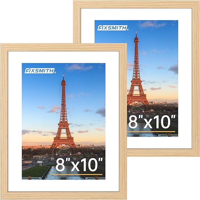 FIXSMITH 8x10 Picture Frame Set of 2, Photo Frame with HD Plexiglass, Display Pictures 5x7 with Mat or 8x10 Without Mat Multi Picture Frames Collage for Tabletop or Wall Display, Natural