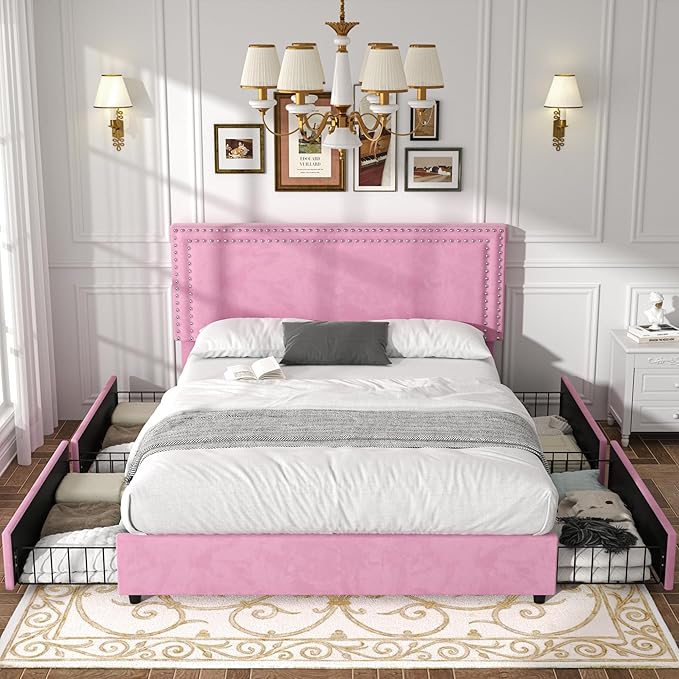 VECELO Full Size Upholstered Platform Bed Frame with 4 Storage Drawers, Adjustable Velvet Rivet Decor Headboard, Wooden Slats Support, No Box Spring Needed, Easy Assembly