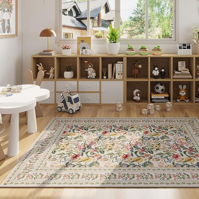 5x7 Washable Rug Vintage Floral Area Rug Non Slip Low Pile Large Rugs for Living Room, Bedroom, Farmhouse, Dining Room, Kids Playroom, Beige
