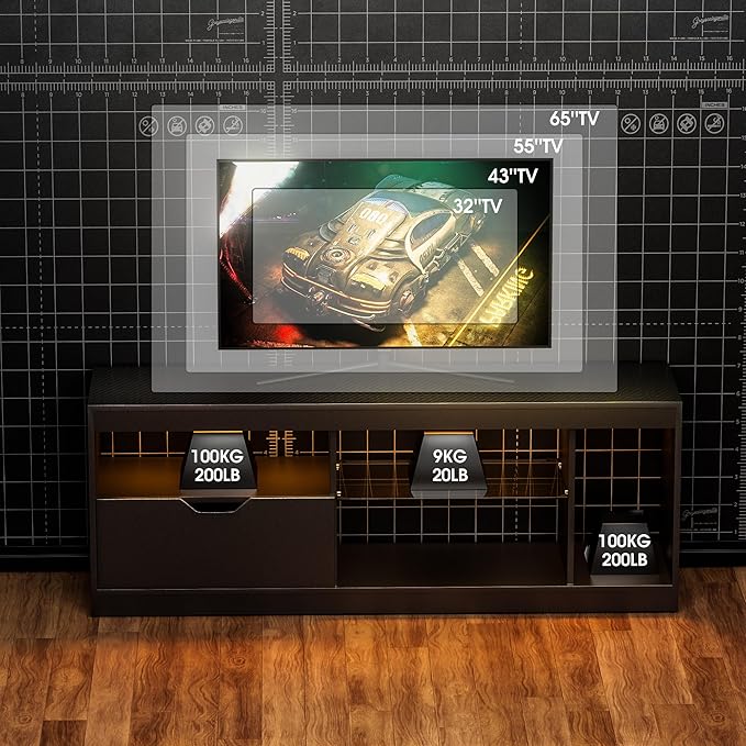 JUMMICO TV Stand, Entertainment Center LED Gaming TV Stand for 65+ Inch TV Carbon Fiber Top, Dynamic RGB Modes TV Cabinet Console with Adjustable Glass Shelves Storage Drawers (Black)