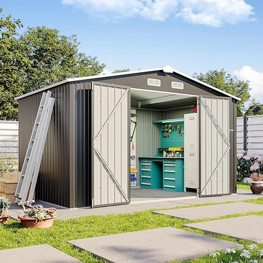 10x8 FT Metal Outdoor Storage Shed, Dual Doors with Lockable Bolts, Large Garden Shed for Yard Tools, Bike, Generator, Waterproof Galvanized Steel Panel with Vent & Sloping Roof