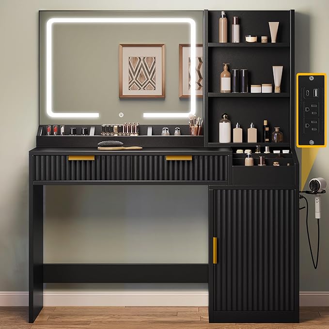 DWVO Fluted Makeup Vanity Desk with Large 27" Mirror and Lights, Modern Big Makeup Table with Power Outlet, 11 Shelves & 2 Drawers, 3 Color Lighting Modes, Dressing Table Vanity Set for Bedroom, Black