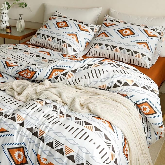 Luxlovery Beige Aztec Comforter Set King Boho Geometric Bedding Comforter Set American Farmhouse Tribal Ethnic Blanket Quilts Western 3pcs Comforter Set King Size