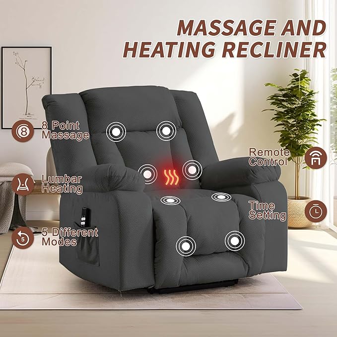 Oversized Dual Motor Power Lift Recliner for Adults, Electric Lift Chair with Heating and Massage, Waffle Fabric Electric Recliner Chair with Side Pockets, Wide Recliner for Living Room