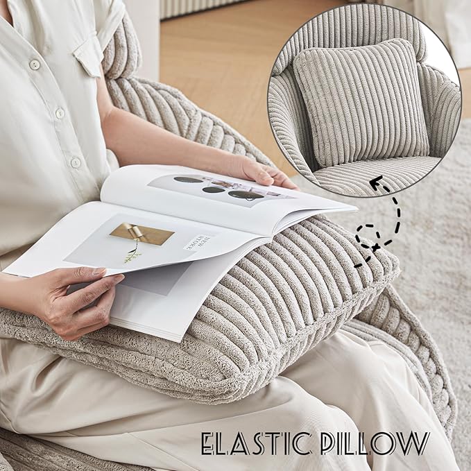 Furniliving Modern Living Room Chair, Swivel Accent Chair for Living Room Desk Chair with Arms Bedroom Chair with Headrest Sofa Chair Side Chair with Pillow Armchair,Corduroy, Grey