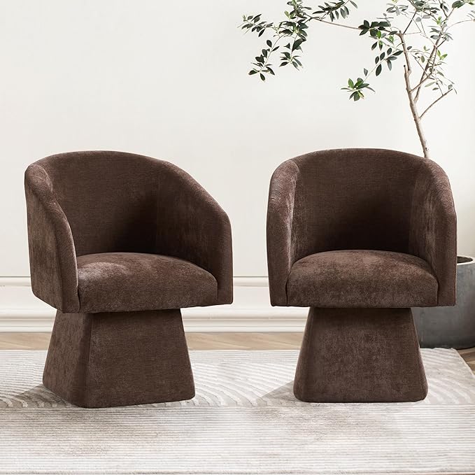 Swivel Modern Accent Chair,Luxury Fabric Upholstered Makeup Chair Comfy Barrel Chair with No Wheels,360°Rotating Vanity Armchair for Living Room Bedroom Office(Brown,Set of 2)