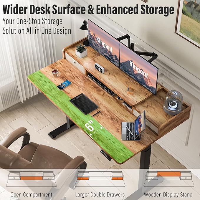 Kingant 55" x 30" Standing Desk with Drawers, Large Desktop, Ergonomic Sit Stand Desk for Home Office Work, Cable Management, 3 Preset Heights & 2 Hooks, Light Rustic