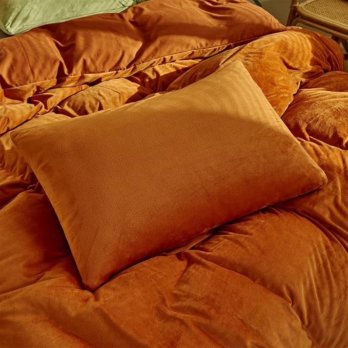 Luxlovery Burnt Orange Fluffy Comforter Set King Rust Caramel Plush Velvet Bedding Comforter Sets Winter Warm Comfy Soft Rust Orange Reddish Brown Sherpa Micromink Bedding Comforter Set