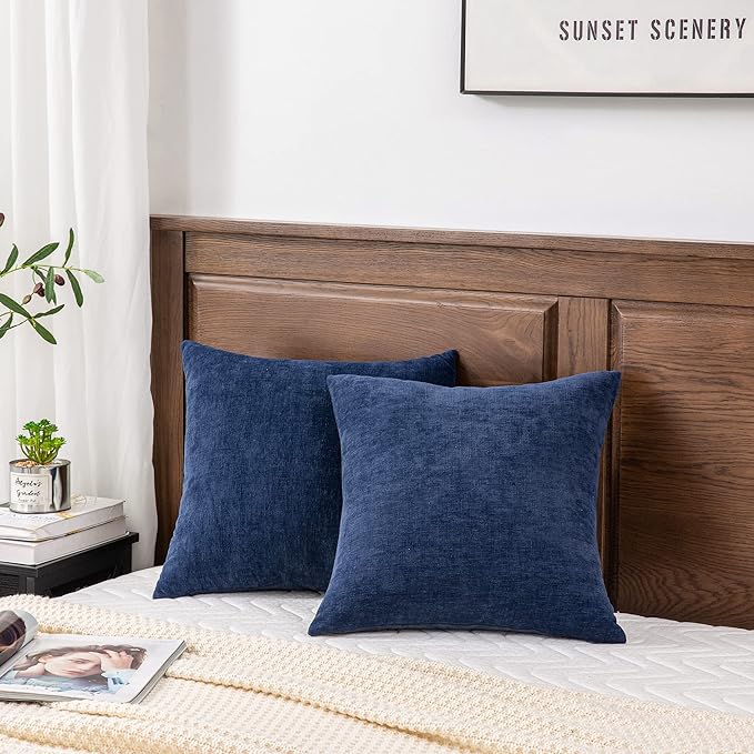 GAWAMAY Decorative Throw Pillow Covers 16x16 Inch Set of 2, Super Soft Chenille Square Pillows Farmhouse Fall Pillowcase for Living Room Bedroom Sofa Couch Cushion Cover Navy Blue 40x40cm