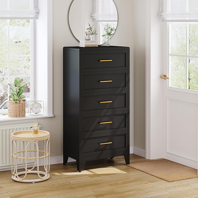 Metal Dresser Tall Narrow Dresser for Bedroom Chest, 53.46" H Drawer Chest, Closet Dressers & Chests of Drawers for Living Room, Hallway (5 Drawers Black 24inch Wide)