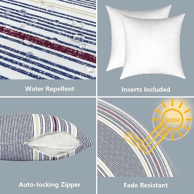 LVTXIII Outdoor/Indoor Throw Pillows, Decorative Throw Pillows with Inserts, 18"x18" Square Pillows for Bed, Couch, Sofa and Patio Furniture, Set of 2, Stripe Denim Blue