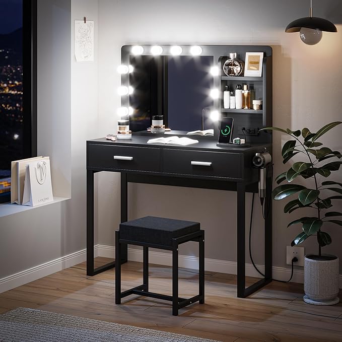 Semiocthome Makeup Vanity Desk with Mirror and Lights, Vanity Table with Power Outlet, Shelves, 2 Drawers, and Metal Frame, 3 Lighting Modes & Adjustable Brightness Dressing Table with Chair - Black