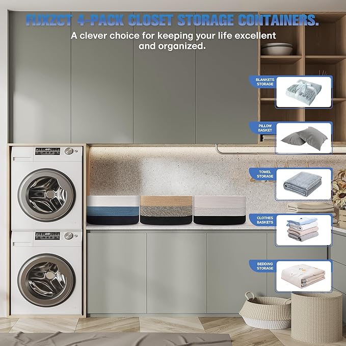 4 Pack Woven Storage Baskets for Organizing - Cotton Rope Baskets for Closet, Toys, Books, Towels, Durable Storage Bins for Shelves, Living Room, Bedroom, 14.76''Lx9.84''Wx8.86''H (Black, 13")