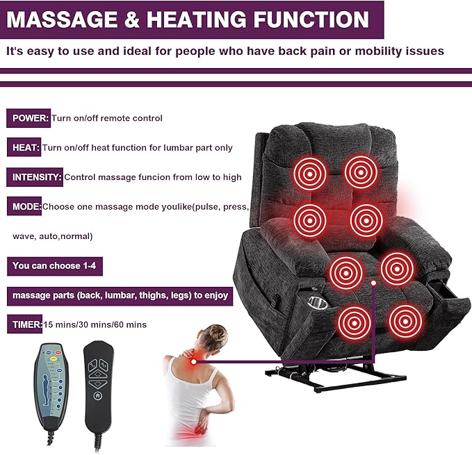 Oversized Lay Flat Power Lift Recliner Chair with Heat and Massage for Elderly, Infinite Position Heavy Duty Dual Motor Lift Chair 400 lbs with Cup Holder & Wireless Phone Charger