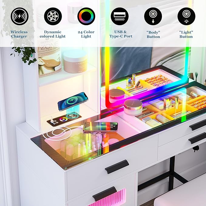 RGB Vanity Desk with Sliding Mirror and Lights, LED Makeup Vanitys with Charging Station, Glass Top Dressing Table Set with Jewelry Organizer,6 Drawers,Stool,Shelves for Bedroom(White)