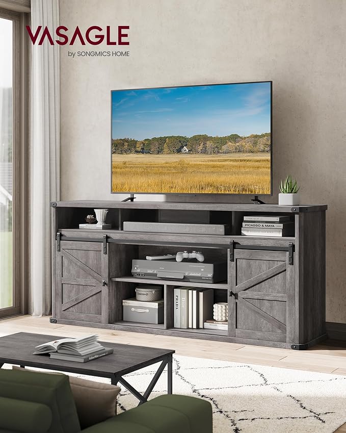 VASAGLE TV Stand for 75 Inch TVs, Farmhouse Entertainment Center With Sliding Barn Doors, Console Table for Living Room, Misty Gray ULTV323G68
