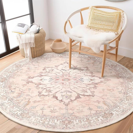Area Rugs 6ft Washable Non-Slip, Floral Vintage Distress Print Pattern Medallion Carpet for Living Room Bedroom Dining Room, Pink Greypink Cute