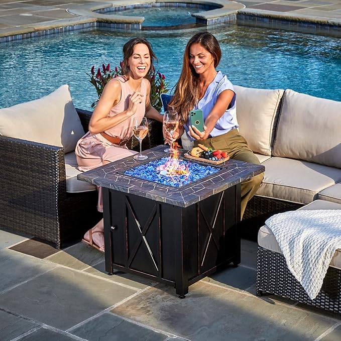 Endless Summer 30 Inch Square 30,000 BTU Liquid Propane Gas Outdoor Fire Pit Table w/Push Button Ignition, Blue Fire Glass, & Steel Fire Bowl, Bronze