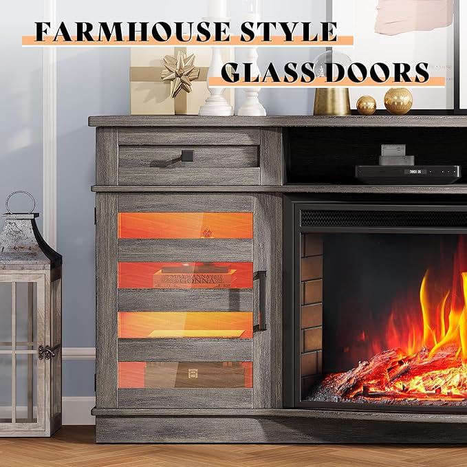 AMERLIFE 70" Farmhouse Fireplace TV Stand with 36'' Curved Electric Fireplace, LED Media Console with 2 Drawers & Adjustable Shelves, Fits 80'' TVs, Wash Gray