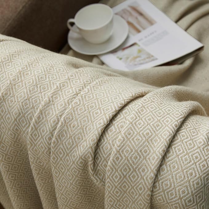 BOURINA Throw Blanket Decorative Faux Cashmere Fringe Lightweight Throw Soft Cozy for Bed or Sofa Outdoor Blanket, 50" x 60" Light Beige