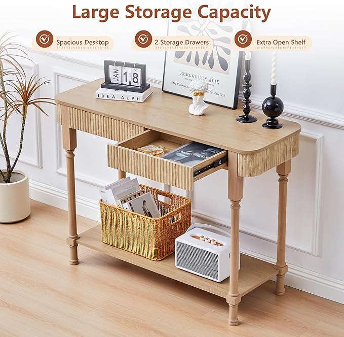 43.3”Console Table with 2 Drawers, Modern Retro Entryway Table with Fluted Panel & Storage Shelf, Narrow Wood Behind Couch Sofa Table for Living Room, Foyer, Hallway(Natural)
