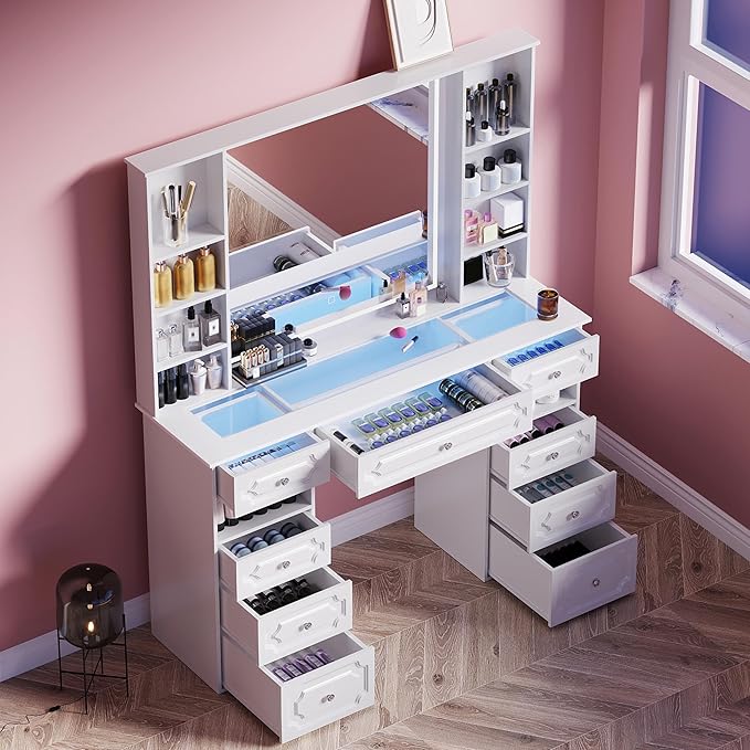 Vanity with Mirror and Light, Vanity with Glass Top and 9 Drawers, Dresser Set with Storage Bench, Adjustable Brightness Dresser (White, Glass Table-B)