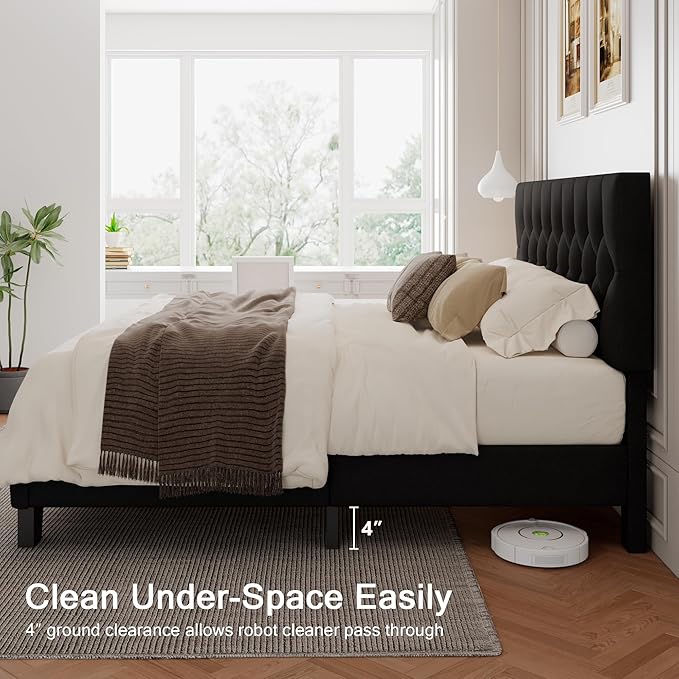 Queen Upholstered Bed Frame with Headboard, Button Tufted Linen Bed Base, Platform Bed with Wood Slat, Heavy Duty, Easy Assembly, No Box Spring Needed, Black