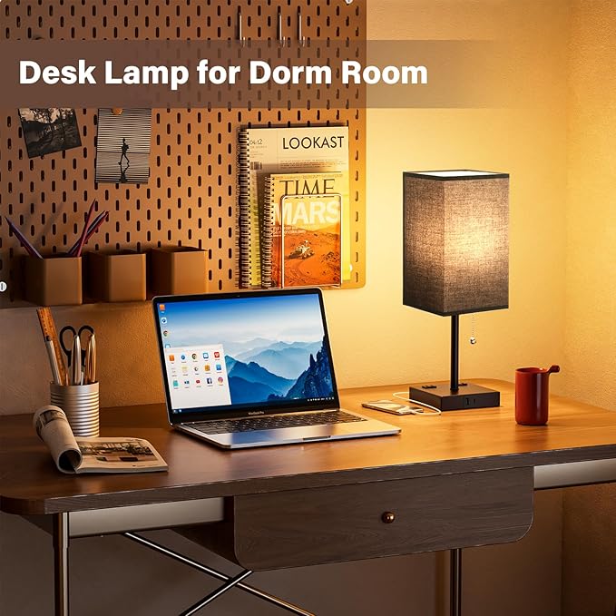 Balck Table Lamps for Bedroom Set of 2 Nightstand - 17.4In Tall, 3 Color Bedside Lamps with AC Outlets and USB A & C for Charging, Square Night Stand light, End Table Lamp for Living Room/Dorm/Office