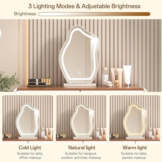 Vanity Desk with Mirror and LED Lights| Small Makeup Table with 5 Drawers and Adjustable Storage Cabinet| Modern Space-Saving Dressing Table for Bedroom(Walnut Top with White Base)