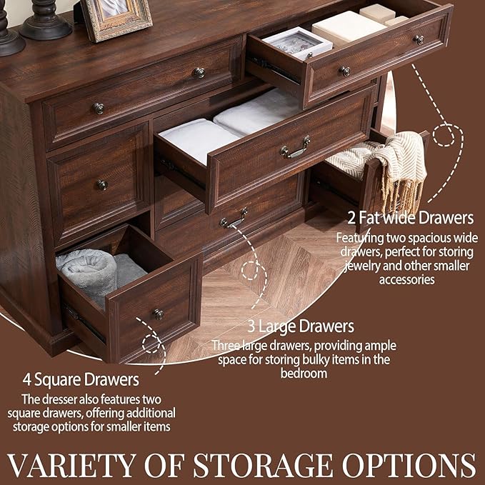 Farmhouse 9 Drawers Dresser for Bedroom, 60" Wide Wood Rustic Chest of Drawers, Large Storage Dressers Organizer for Bedroom, Living Room, Hallway, Dining Room-Brown