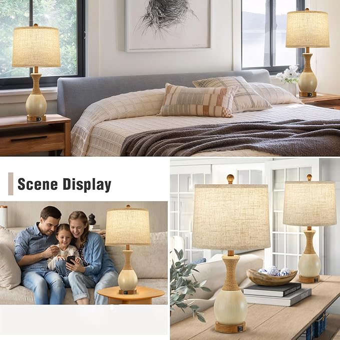 Table Lamp for Bedroom Set of 2 - Bedside Table Lamps with 3 Color Temperatures - Boho Rattan Lamps for Nightstand with USB A+C Charging Ports Farmhouse Living Room Lamp Bulb Included