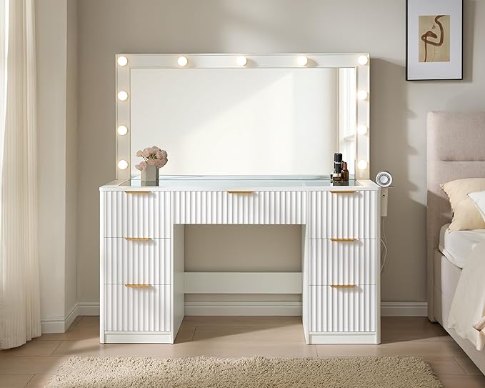 AMERLIFE 47.2" Fluted Vanity Desk with Large Mirror and Adjustable LED Lights, 7 Drawers Makeup Table with Glass Top and Charging Station for Women and Girls, Bedroom or Dorm, White