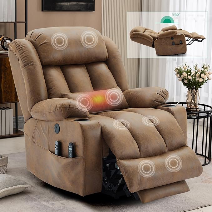 VIVIJASON Tall Man Large Dual Motor Power Lift Recliner Chair with Extended Footrest, Oversized Lay Flat Sleeper Electric Recliner W/Heat & Massage, Lumbar Pillow, USB & Type-C Ports, Brown