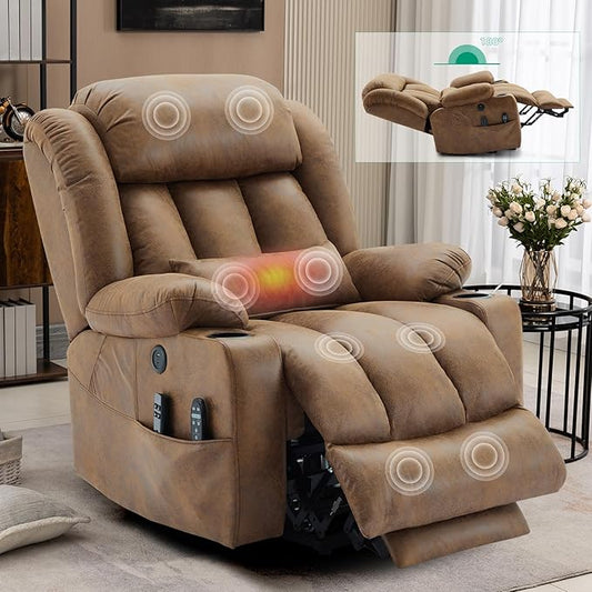 VIVIJASON Tall Man Large Dual Motor Power Lift Recliner Chair with Extended Footrest, Oversized Lay Flat Sleeper Electric Recliner W/Heat & Massage, Lumbar Pillow, USB & Type-C Ports, Brown