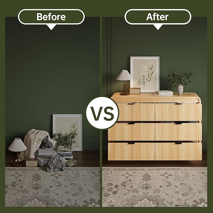 FURSUN Fluted 6 Drawers Dresser for Bedroom, 54" Wide Wooden Dresser with Metal Handle, Curved Profile Design, Modern Storage Organizer for Living Room, Hallway (Natural Oak)