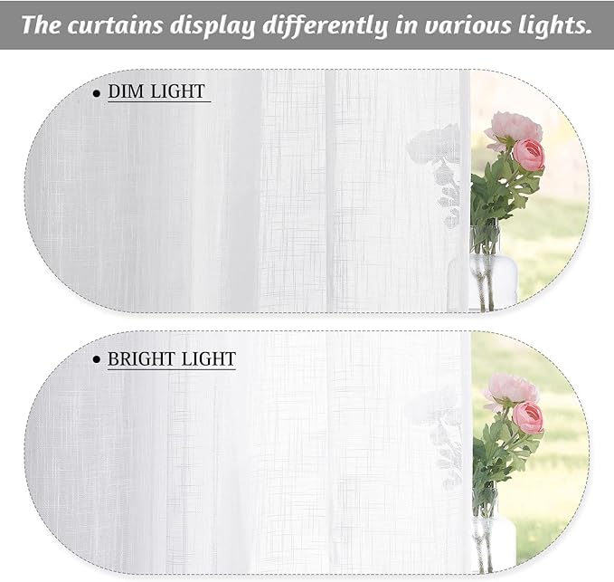 RYB HOME White Semi Sheer Curtains, Light Filtering Privacy Protection 2 Panels Set Linen Textured Small Window Treatments for Living Room Dining Bedroom, W 42 x L 54 inches, White, 2 Panels
