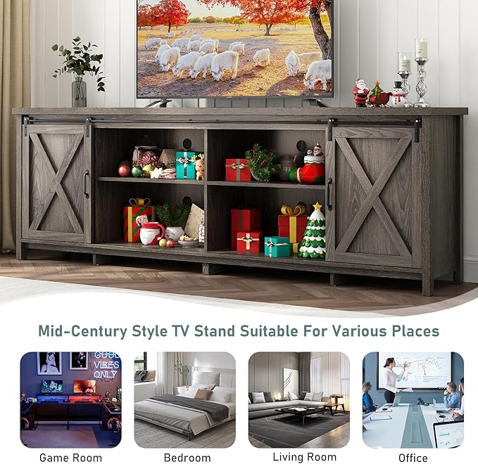 80 Inch Large Farmhouse TV Stands for 90 inch TV w/Adjustable Shelves